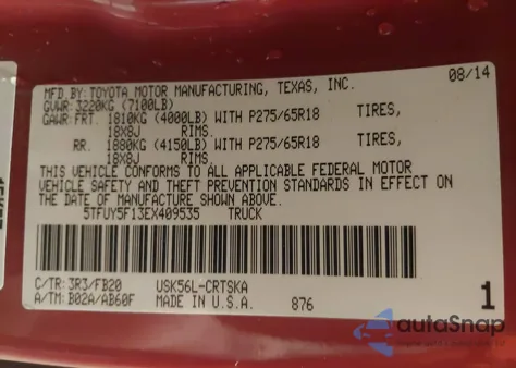 2014 Toyota Tundra Sr5 5.7L V8 z USA, uszkodzony, nr VIN 5TFUY5F13EX409535